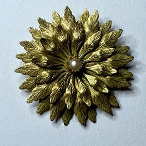 Gold Leaf Brooch with Faux Pearl Center